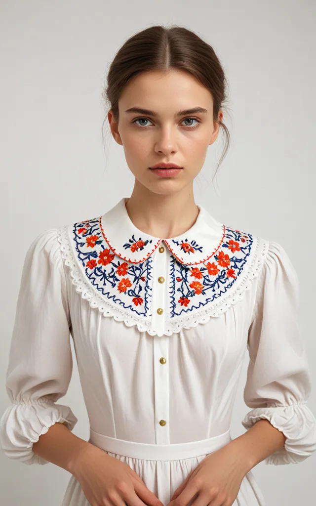 A European female model wearing a dress with an Embroidered collar, white background, bust portrait
